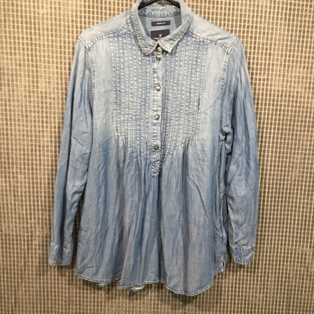 American Eagle Womens Light‎ Wash Pintuck Denim Chambray Tunic Shirt Large L